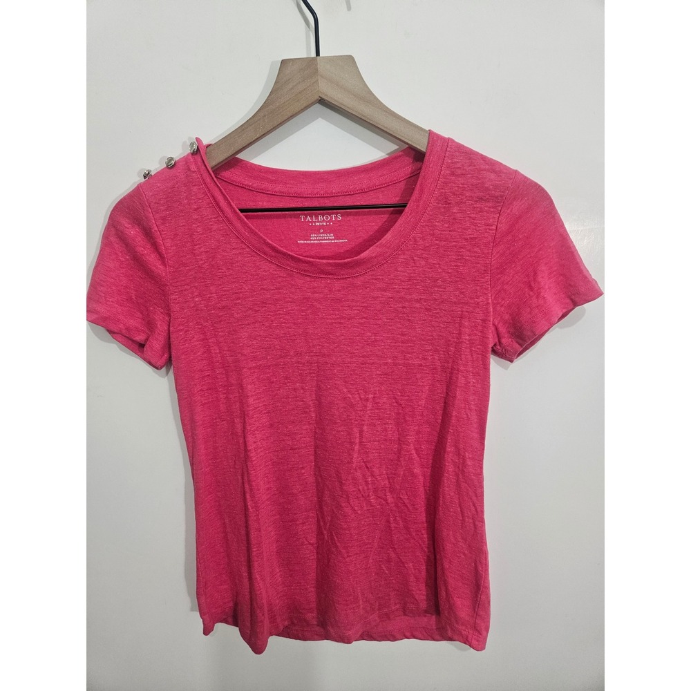 Talbots Petite Pink Linen Blend Shoulder Button Short Sleeve Tee Top P Small